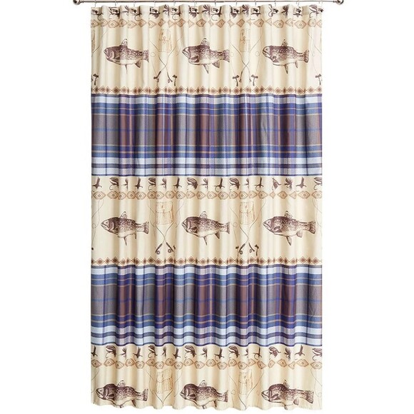 Fly Fishing Shower Curtain Rod Reel Lures Fish Lodge Blue Plaid Tan 72" sq. NEW - Picture 1 of 4